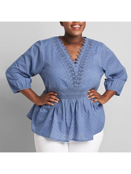Lane Bryant Tops - Lane Bryant Blue Swiss Dot Peplum Blouse 12 NWT Lace V-Neck Blouse NEW